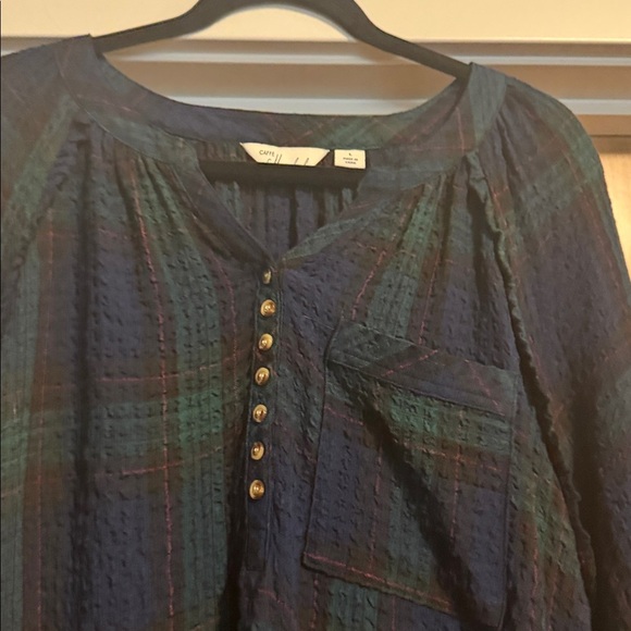 Caffe Marrakesh plaid gauze Blouse Top Womens L Pop over long line Tunic peasant - Picture 3 of 12